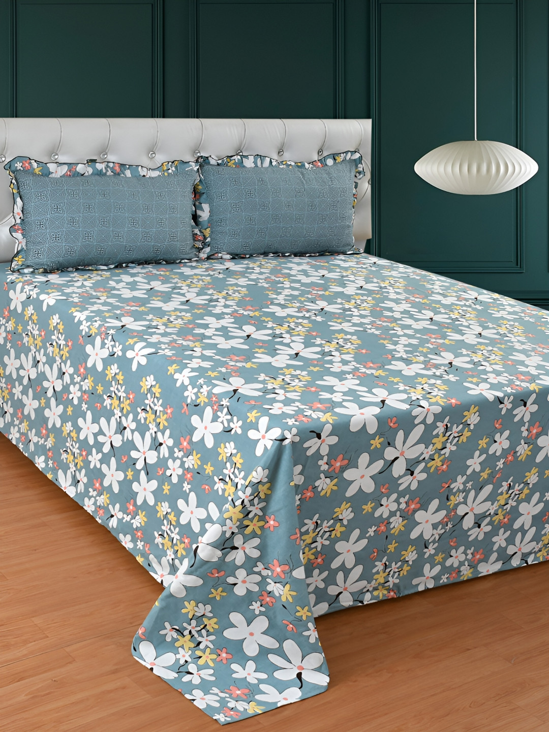 BREVARD Fril Grey Floral Polycotton Skin-Friendly 210 TC King Bedsheet with 2 Pillow Covers-108 x 108 inches