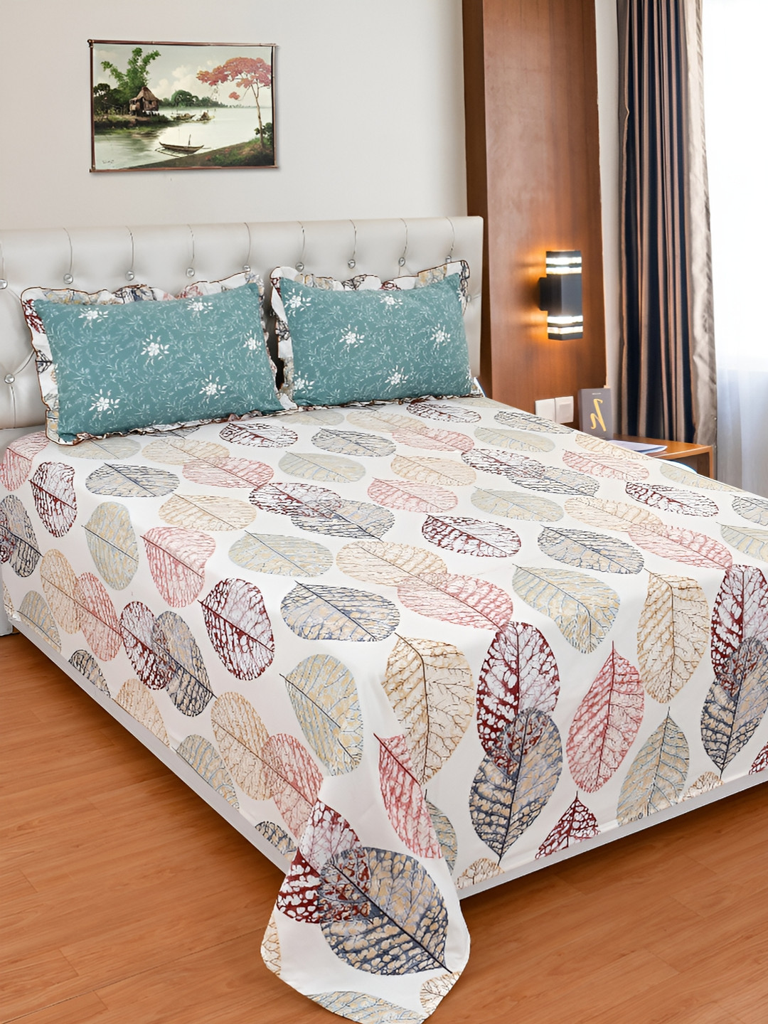 BREVARD Flat_Saf_Dbs_Fril_ White Leaf Polycotton 210 TC King Superfine Bedsheet with 2 Pillow Covers-108 x 108 inches