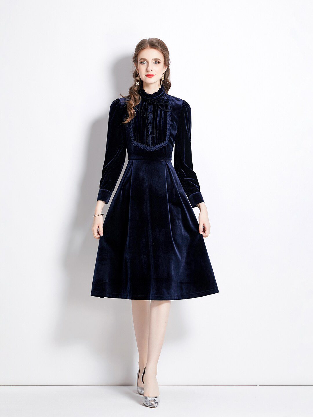 JC Collection Lace Detail High Neck Long Sleeves Velvet A-Line Dress