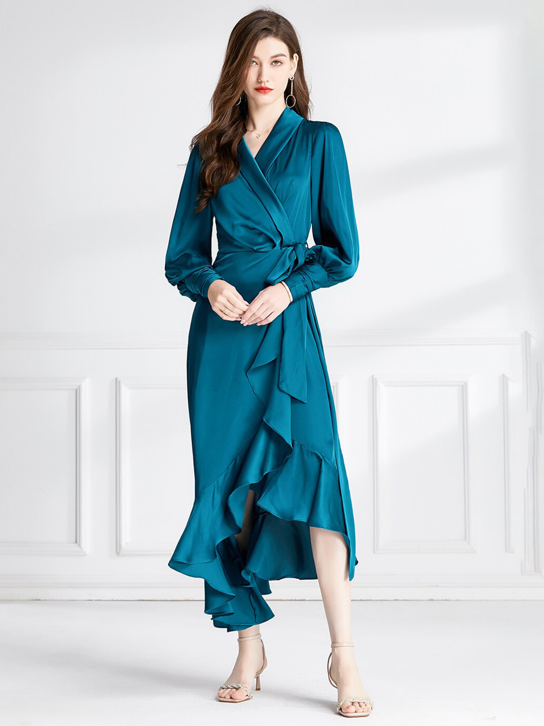 JC Collection Ruffles Detail V-Neck Wrap Dress