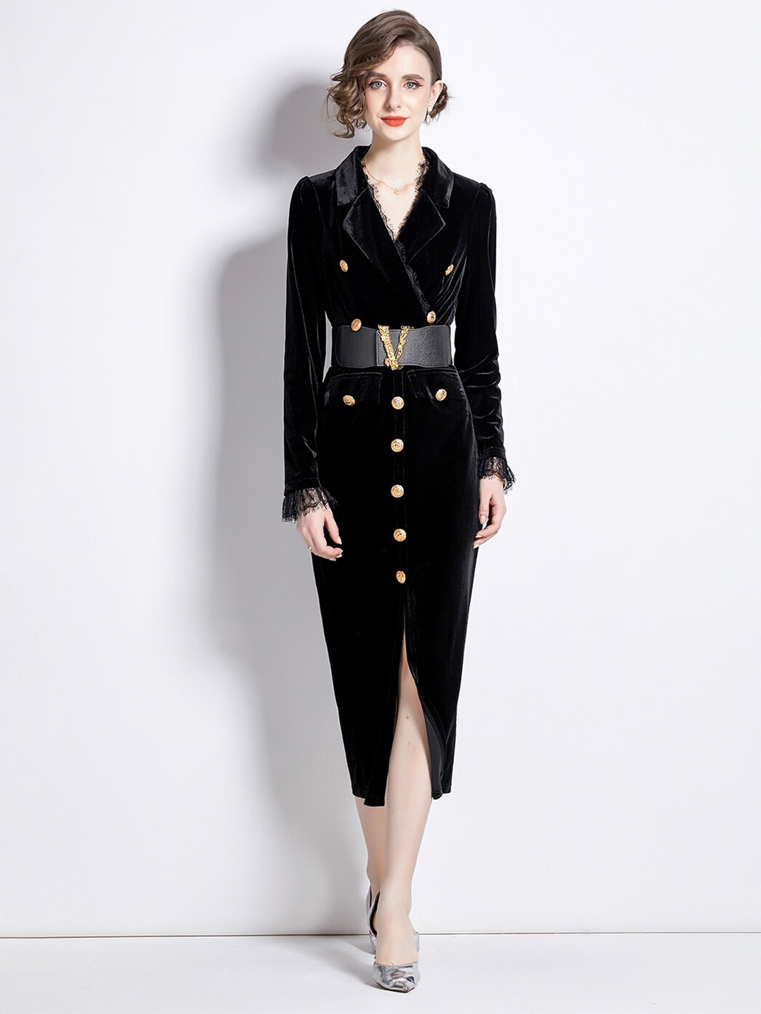 JC Collection Lapel Collar Long Sleeves Belted Sheath Midi Dress