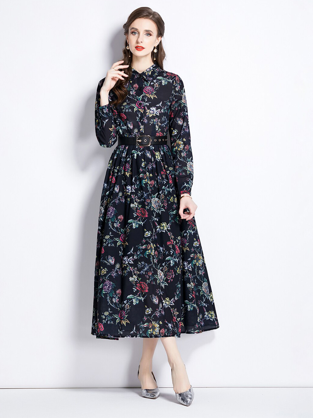 JC Collection Floral Printed Shirt Collar Long Sleeve Pleated Fit & flare  Dress