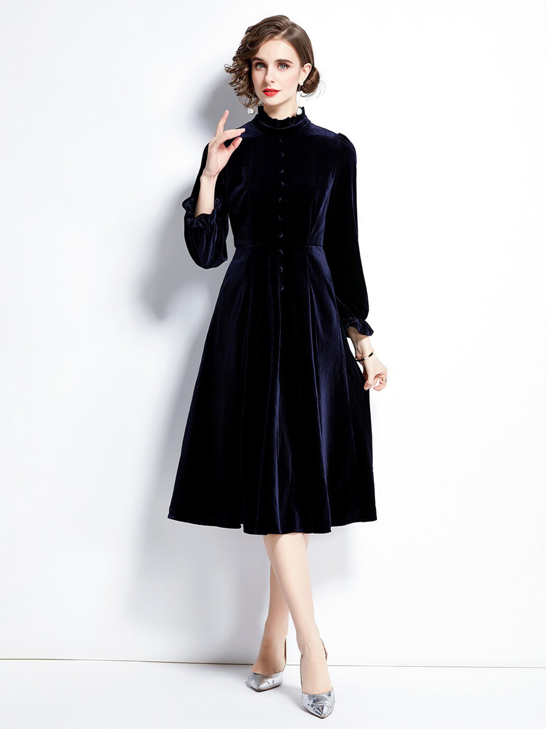 JC Collection High Neck Puff Sleeves Violet A-Line Dress