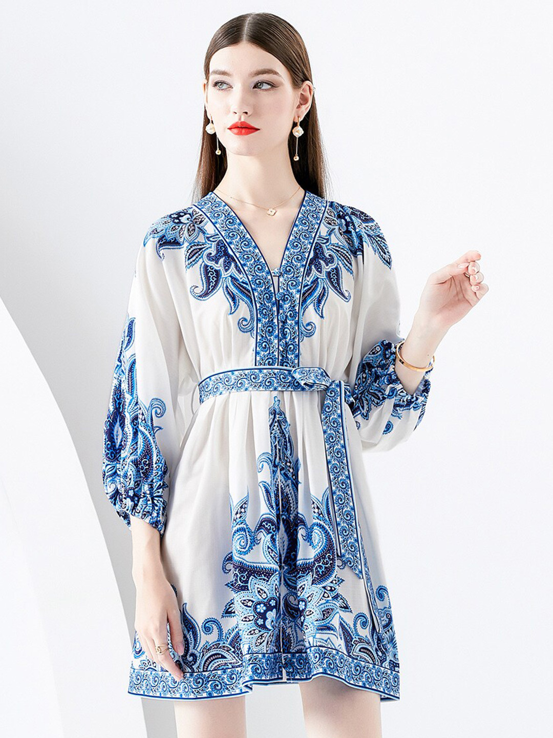 JC Collection Ethnic Motifs Printed V-Neck A-Line Dress