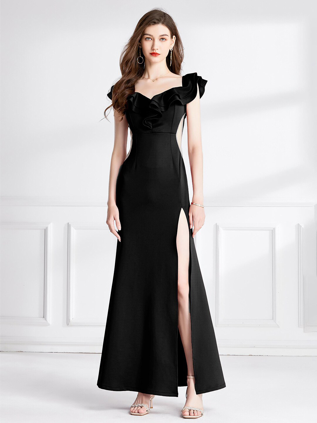 JC Collection V-Neck Side Slit Ruffled Off Shoulder A-Line Dress