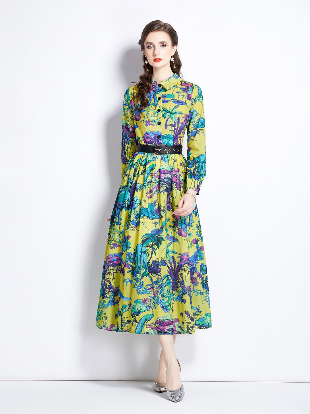 JC Collection Tropical Printed Shirt Collar Cuffed Sleeves Belted Fit & Flare Dress