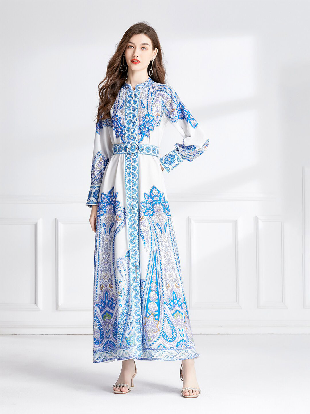 JC Collection Ethnic Motifs Printed Mandrain Collar Cuff Sleeves A-Line Dress