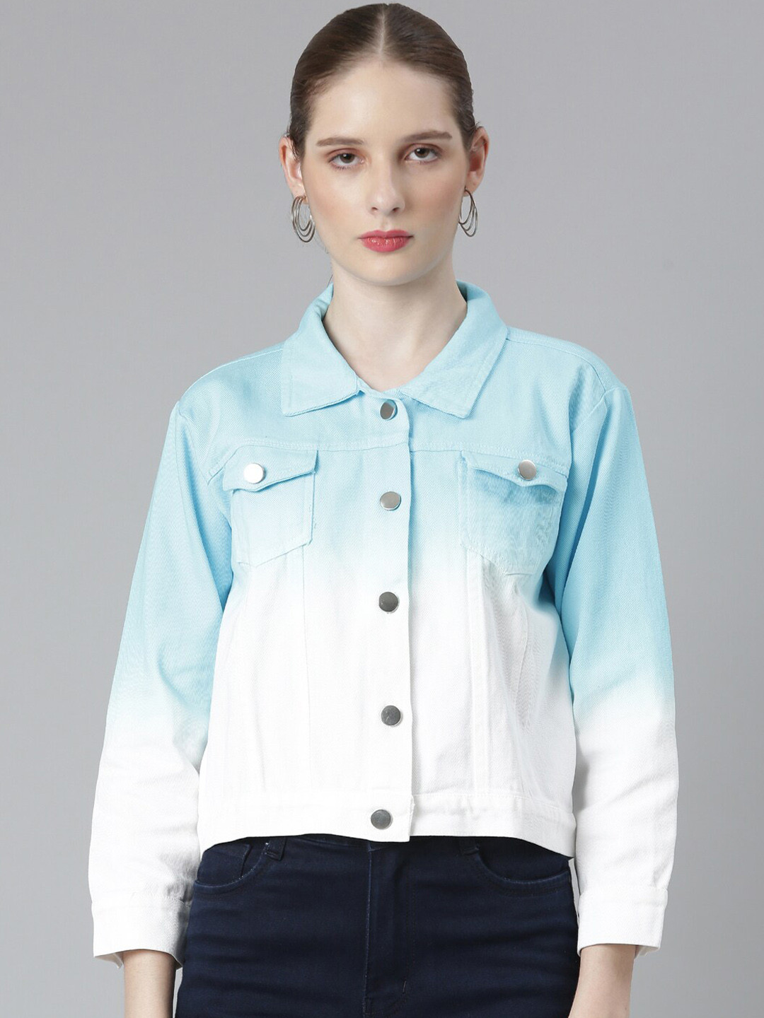 SHOWOFF Blue & White Spread Collar Long Sleeves Ombre Windcheater Denim Jacket