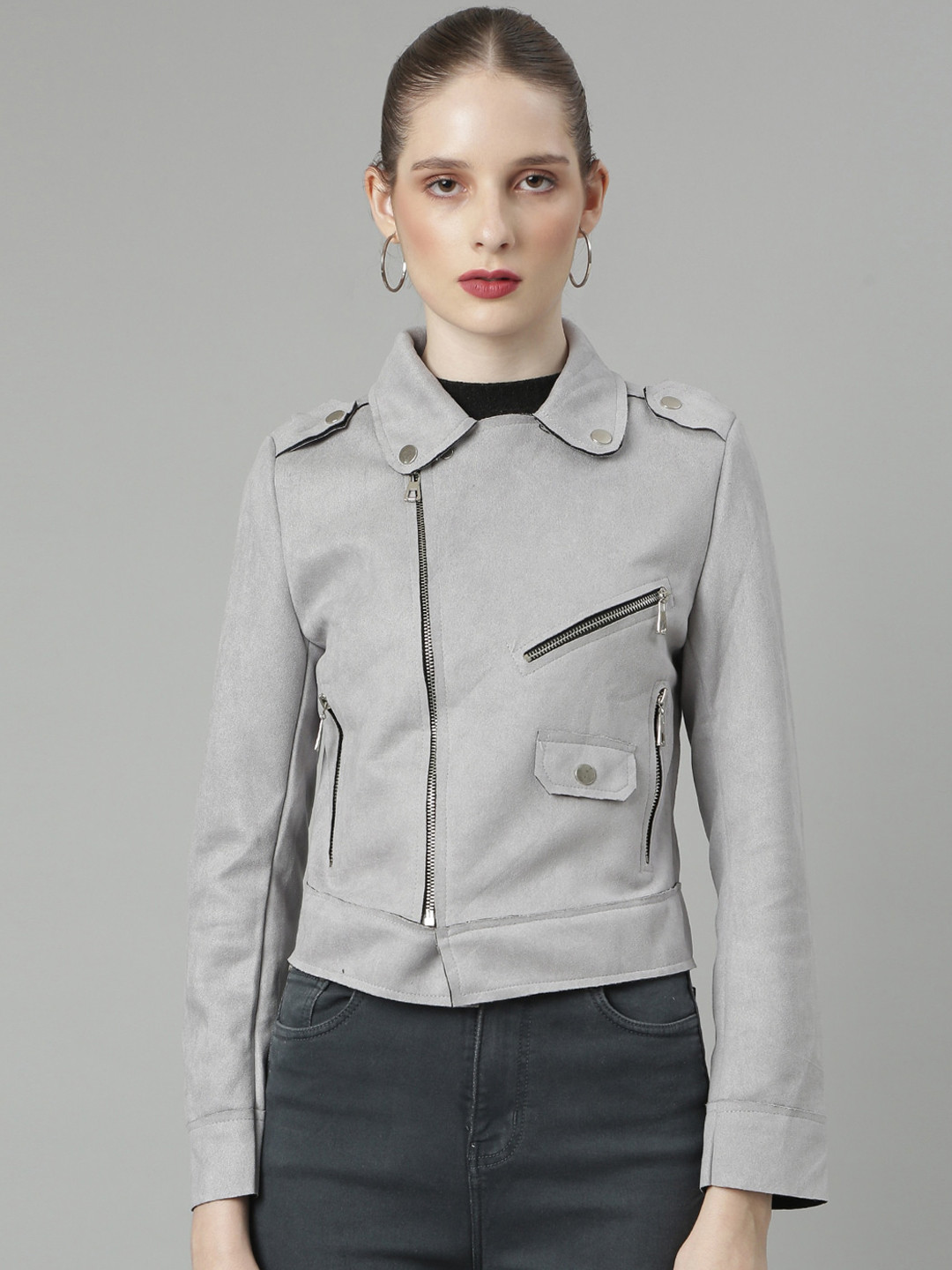 SHOWOFF Grey Lapel Collar Suede Windcheater Biker Jacket