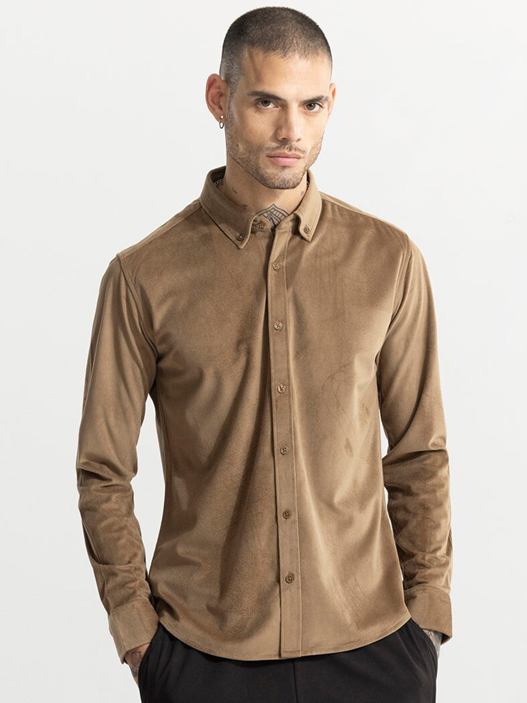 Snitch Brown Classic Slim Fit Textured Casual Shirt
