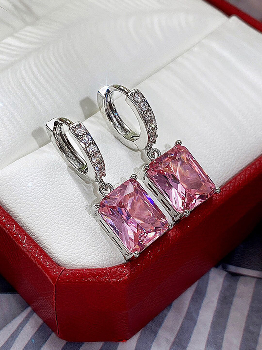 Jewels Galaxy Brass Silver-Plated Cubic Zirconia Rectangle Hoop Earrings