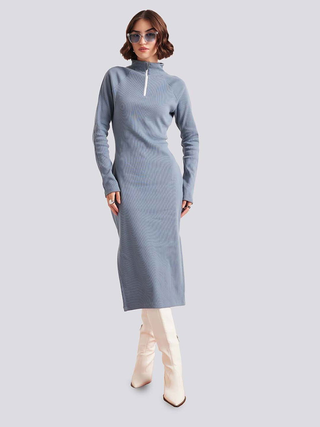 Muvazo Ribbed High Neck Sheath Midi Dress