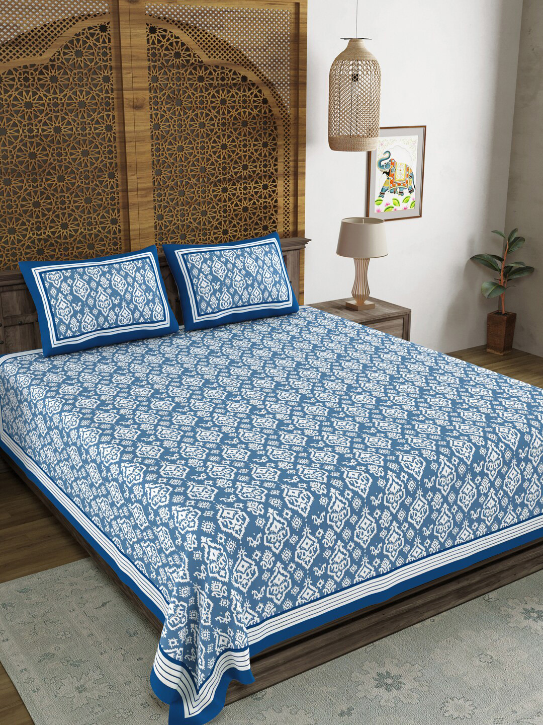 BLOCKS OF INDIA Dusk & Dawn Blue Ethnic Motifs Cotton 210 TC King Fine Bedsheet with 2 Pillow Covers-269 x 269 cm