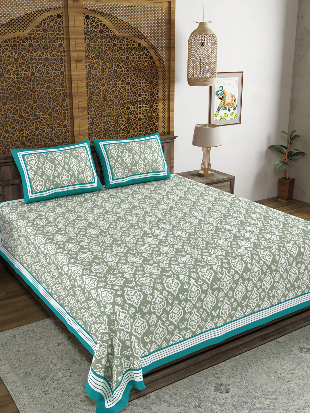 BLOCKS OF INDIA Green Ethnic Motifs Cotton 210 TC King Fine Bedsheet with 2 Pillow Covers-269.24 x 269.24 cm