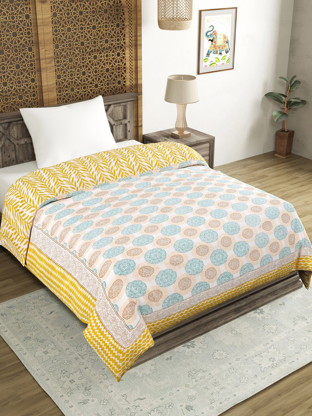 BLOCKS OF INDIA Green Ethnic Motifs Pure Cotton Mild Winter 350 GSM Single Bed Quilt