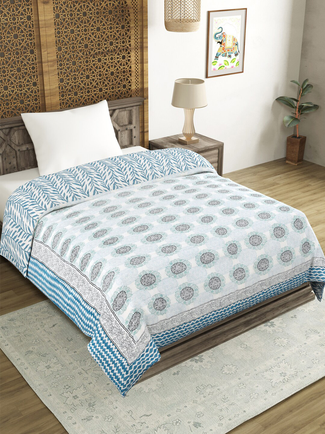 BLOCKS OF INDIA Grey & Blue Ethnic Motifs Pure Cotton Mild Winter 350 GSM Single Bed Quilt
