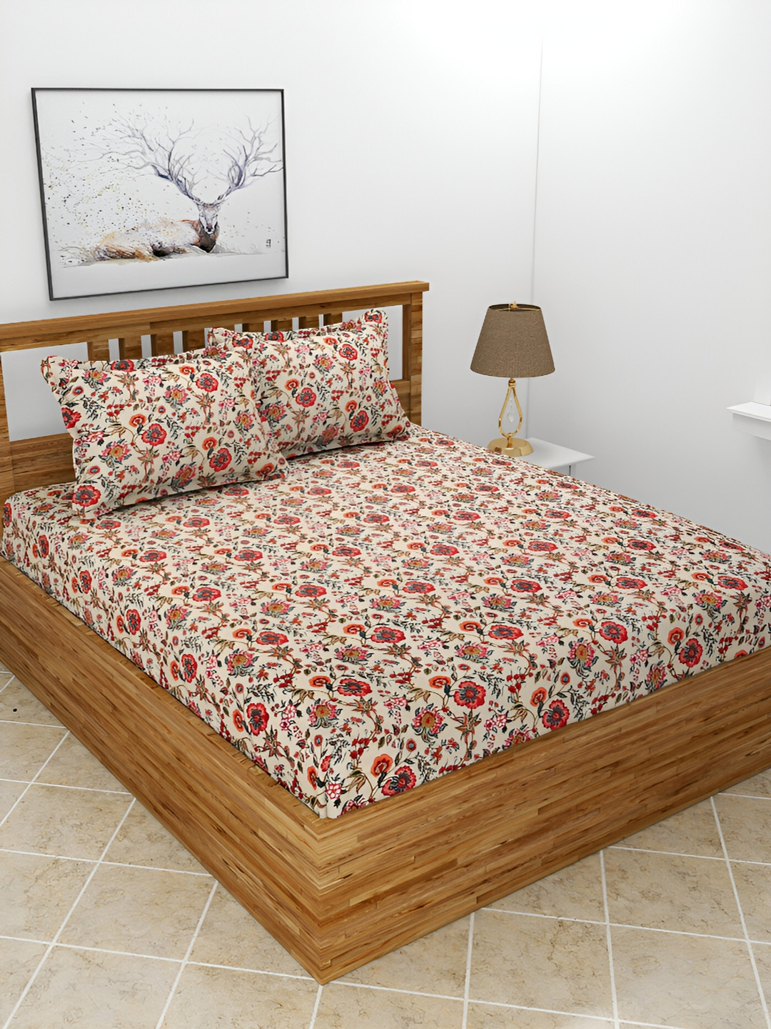 BREVARD Flat_Maple Red Floral Polycotton 210 TC Queen Bedsheet with 2 Pillow Covers-87 x 93 inches