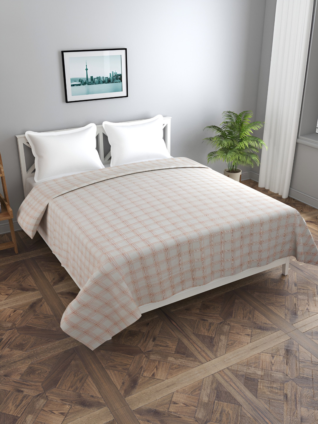 BREVARD Beige Checked Polycotton 210 TC Queen Fine Bedsheet with 2 Pillow Covers-254 x 227 cm