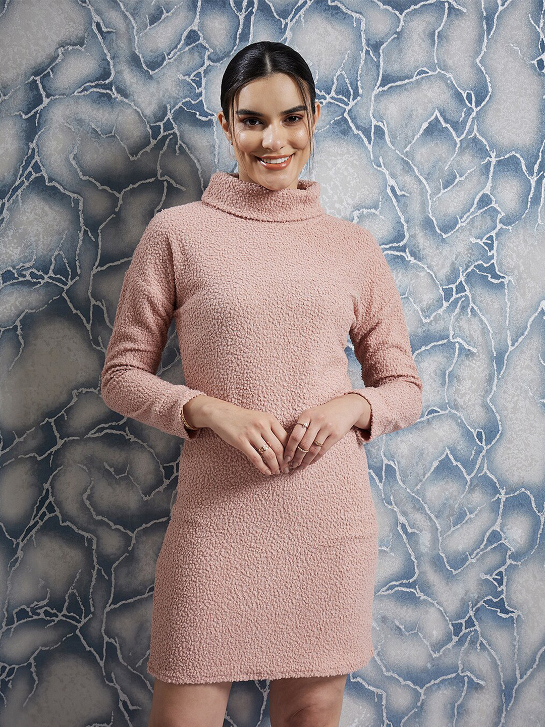 Athena Pink Self Design Turtle Neck Long Sleeves A-Line Dress