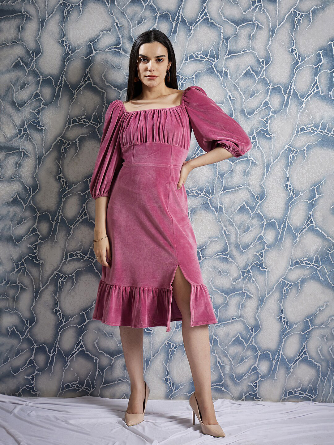 Athena Pink Square Neck Puff Sleeves Gathered Detailed Midi Sheath Dress
