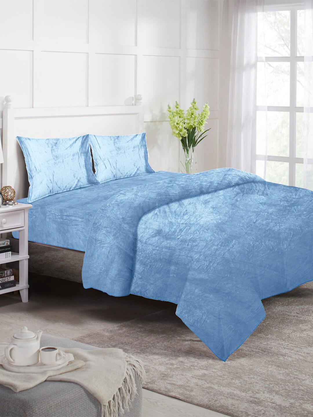 KLOTTHE Blue 4Pieces Solid Fitted Mild Winter Woolen Double King Bedding Set