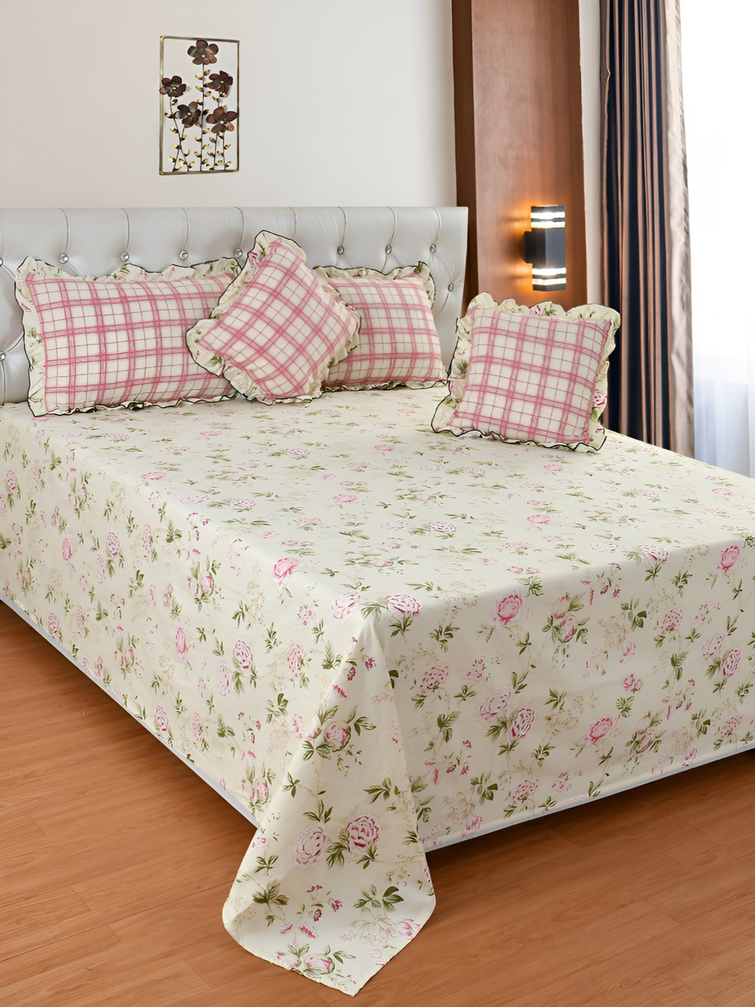 BREVARD Pink & Cream Floral Superfine Double King Bedding Set