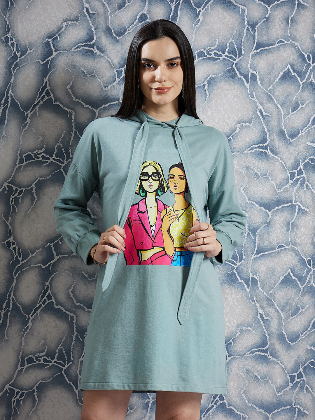 Athena Green Graphic Printed Hooded Long Sleeves T-shirt Dress