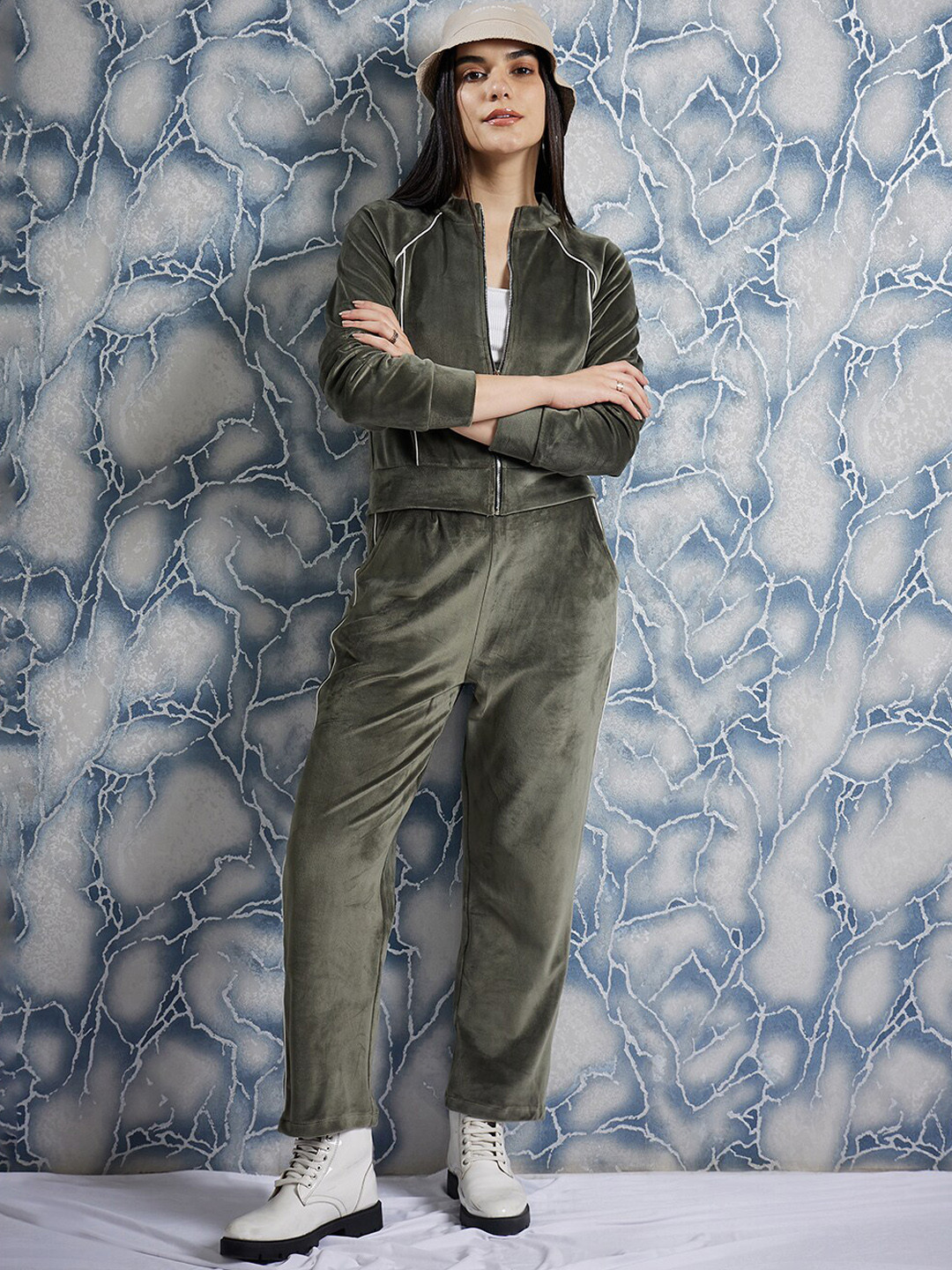 Athena Olive Green Mock-Collar Jacket With Trouser Co-Ords