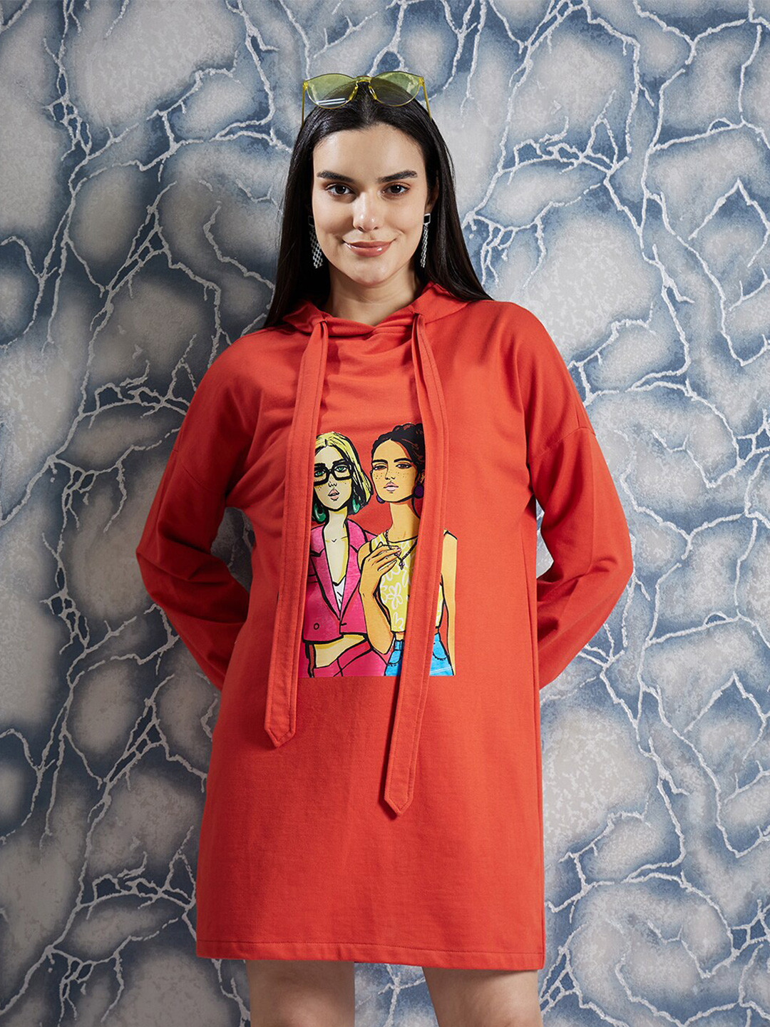 Athena Rust Graphic Printed Hooded Long Sleeves T-shirt Dress
