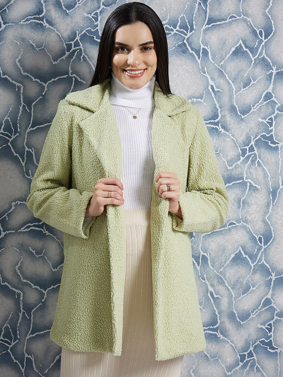 Athena Green Front Open Textured Over Coat