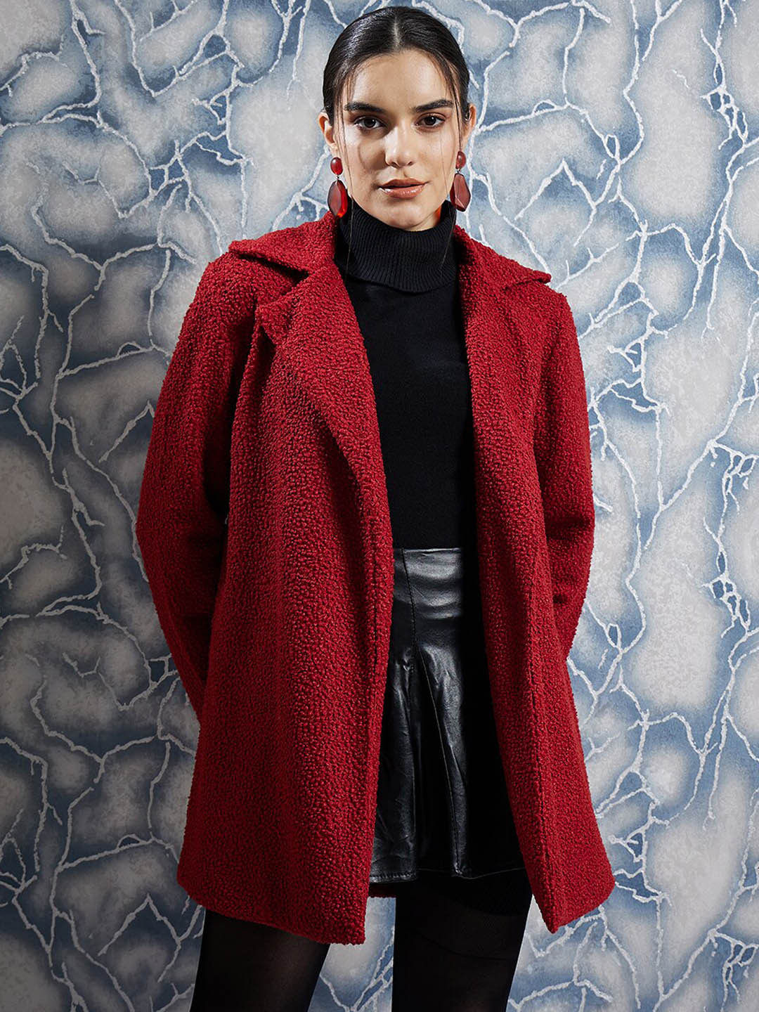 Athena Maroon Woollen Textured Front-Open Overcoat