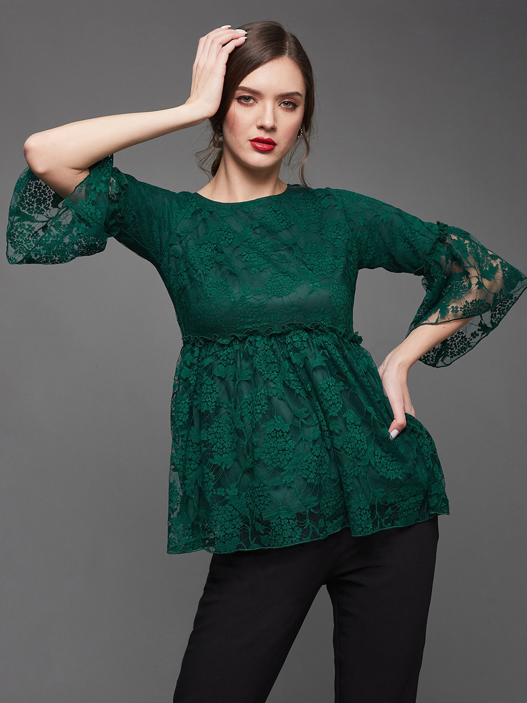 Miss Chase Floral Lace Bell Sleeves Ruffles Detailed Empire Top