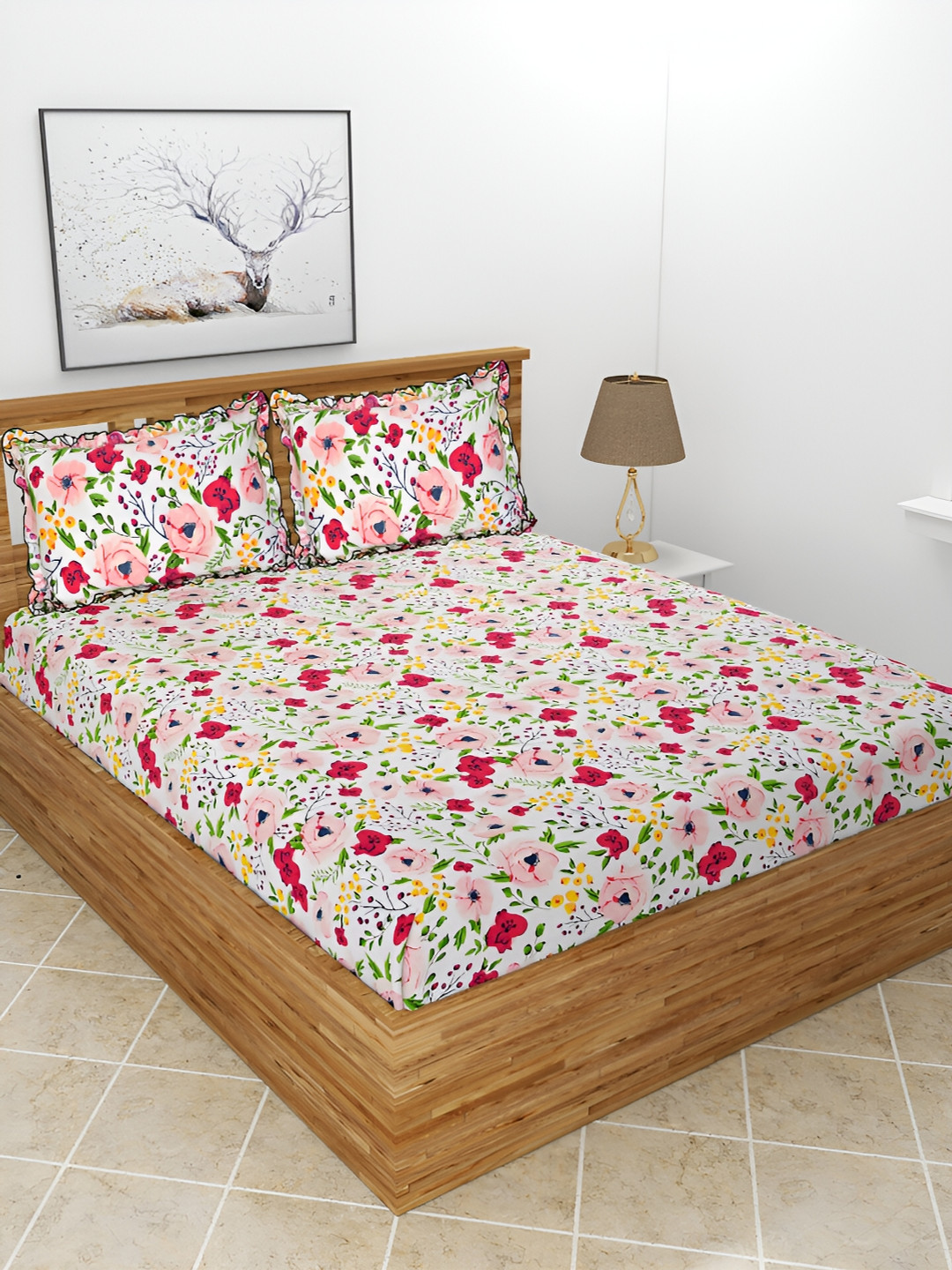 BREVARD Maple Pink Floral Polycotton 210 TC Queen Fine Bedsheet with 2 Pillow Covers-100 x 90 inches