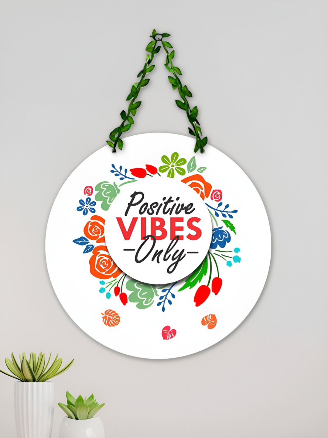 ArtVibes Positive Vibes Only MDF Floral Matte Hanging Hall Wall Hangings-16In