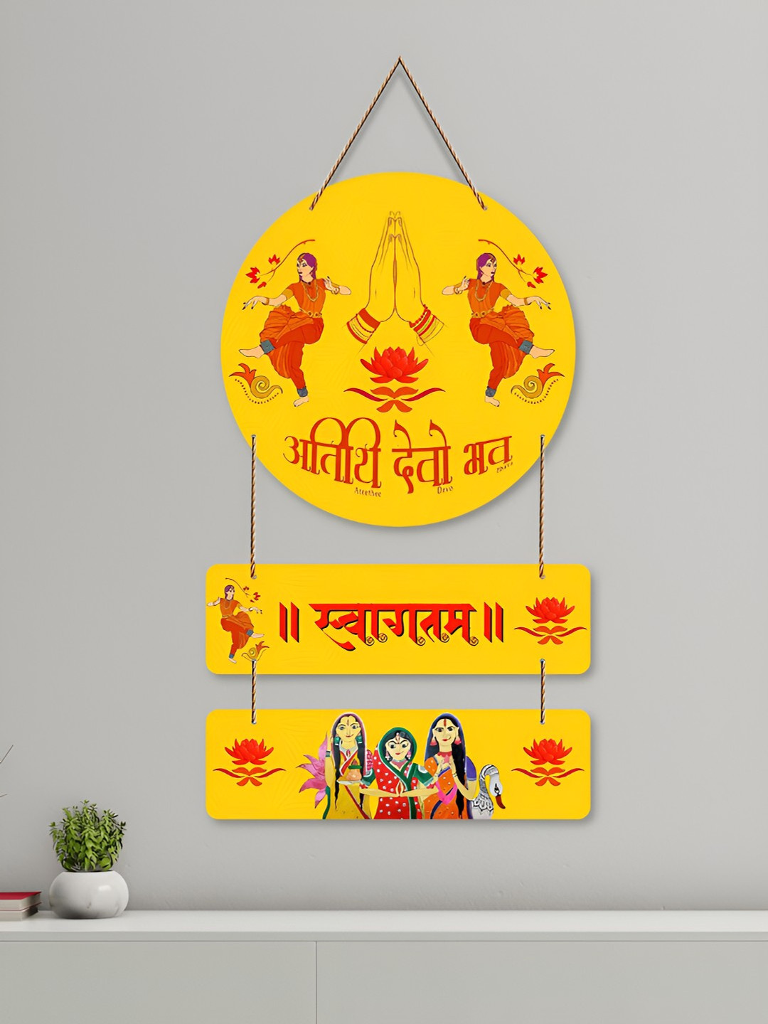 ArtVibes Swagatam Welcome Quote Wood Floral Matte Hanging Hall Wall Hangings-31In