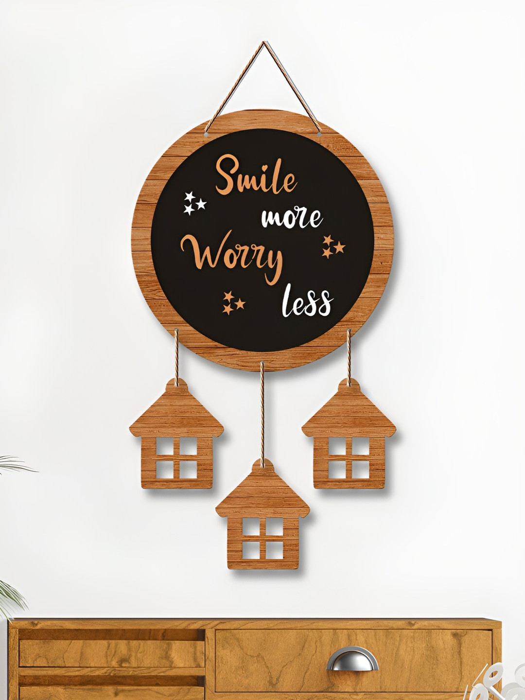 ArtVibes Smile More Worry Less Wood Matte Hanging Hall Wall Hangings-21In