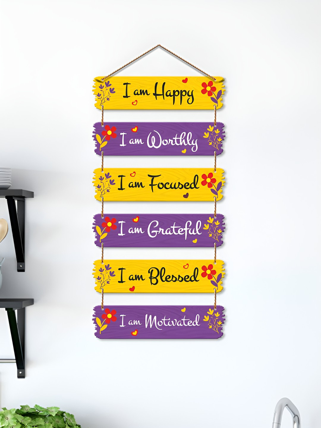 ArtVibes I am Happy Quote Wood Floral Matte Hall Wall Hangings-17In