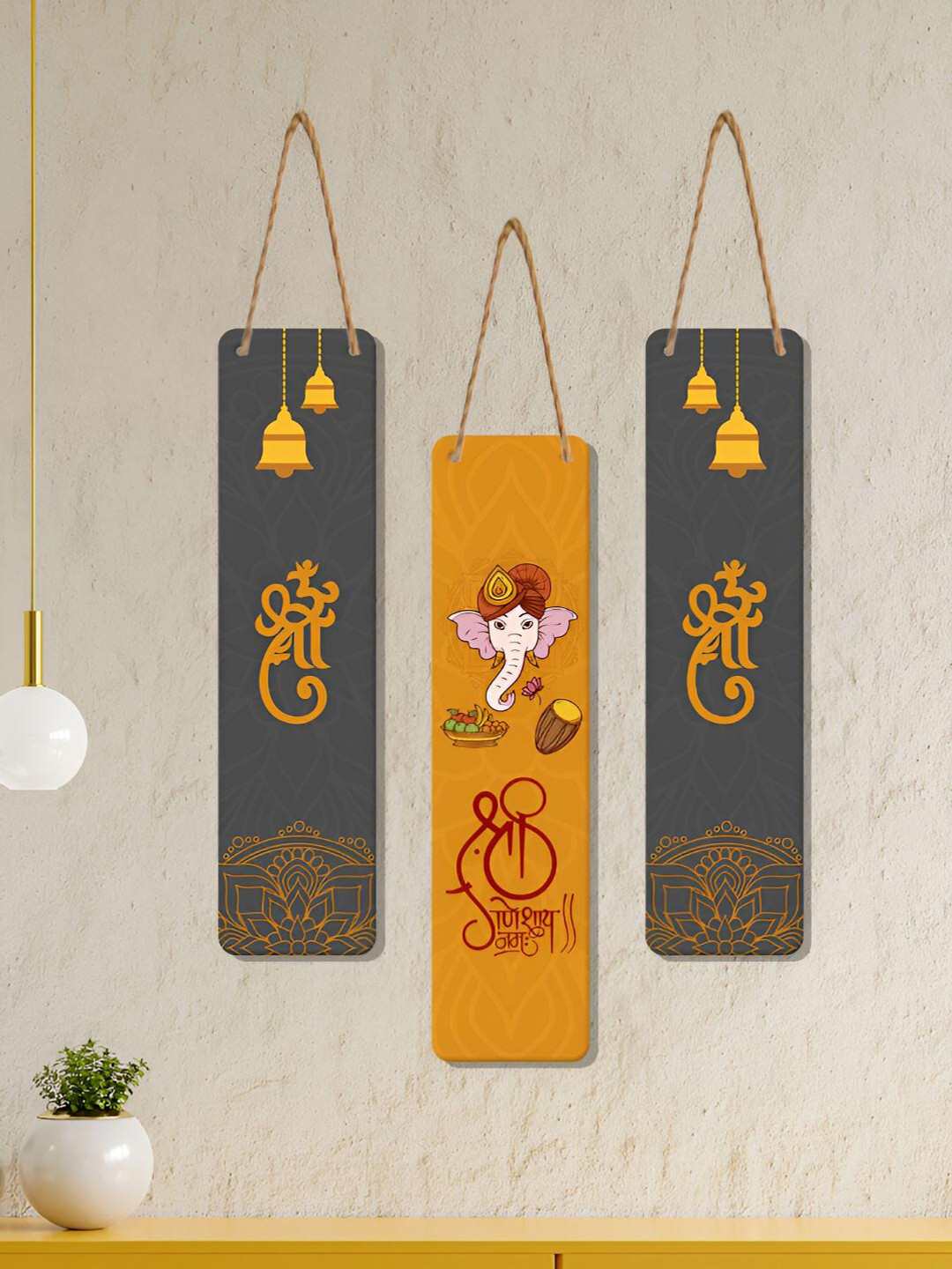 ArtVibes Shri Ganeshay Namah MDF Ethnic Motifs Matte Hall 3Pcs Spiritual Wall Decor-17In