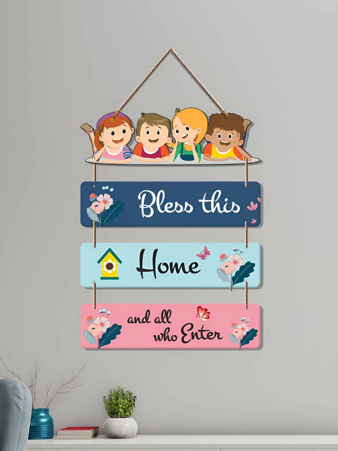 ArtVibes Bless This Home Quote Wood Floral Matte Hall Wall Hangings-21In
