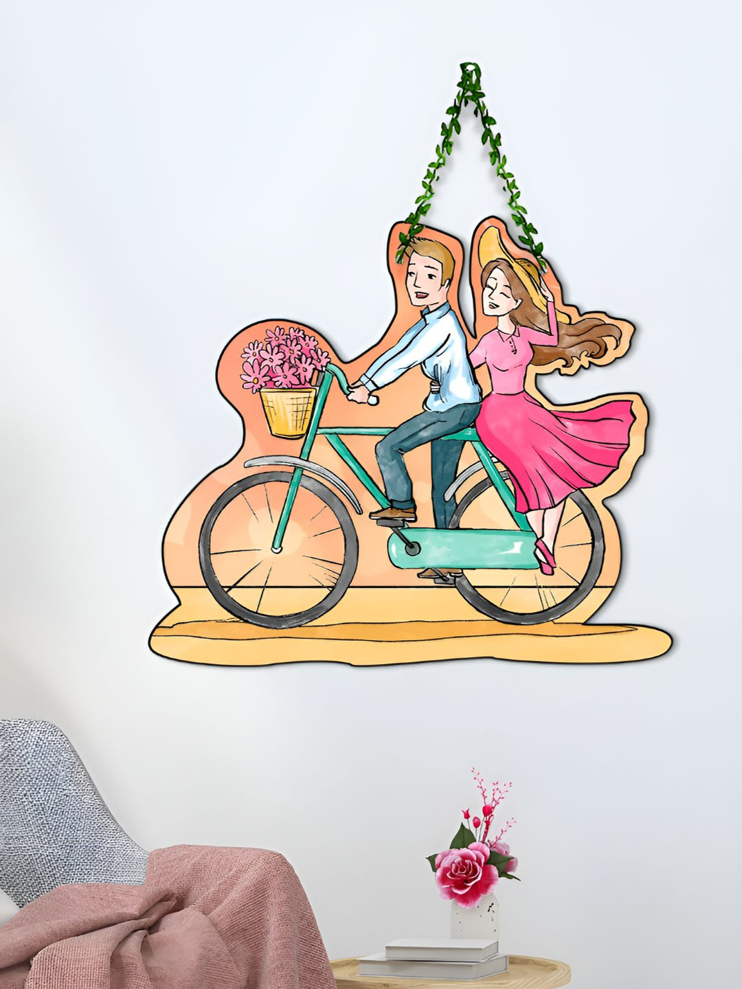 ArtVibes Couple on Bicycle Wooden Floral Matte Hanging Bedroom Wall Hangings-16In