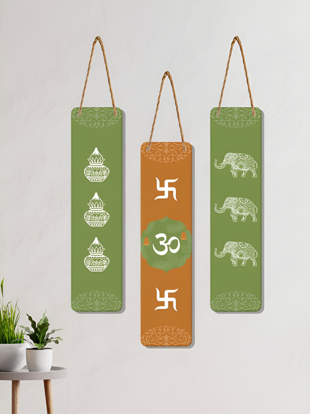 ArtVibes Auspicious Symbols Wood Ethnic Motifs Matte Hall 3Pcs Spiritual Wall Decor-17In