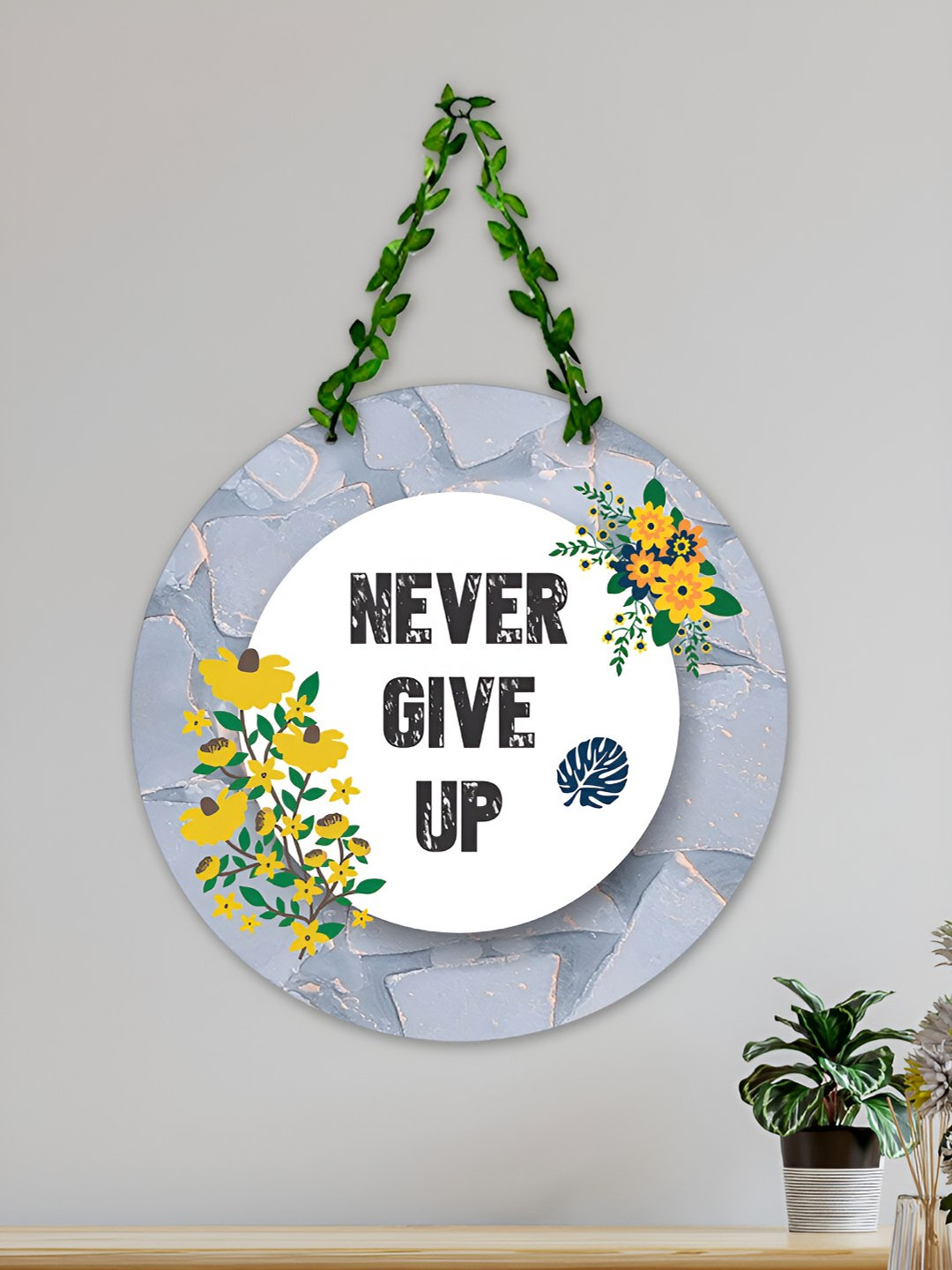 ArtVibes Never Give Up Wood Floral Matte Hall Wall Hangings-16In