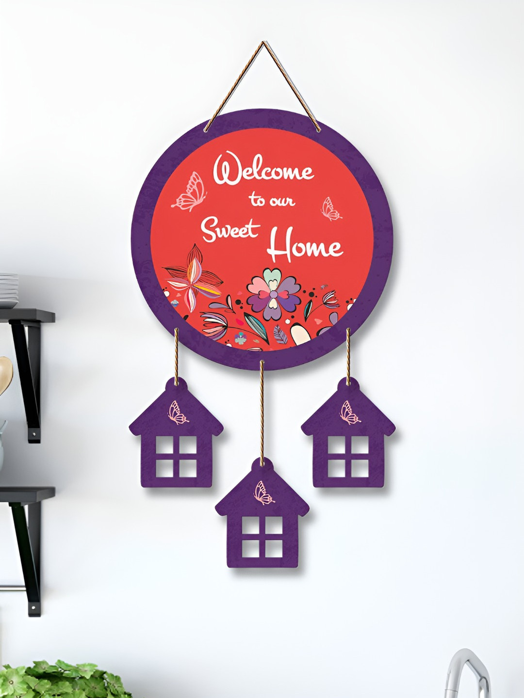 ArtVibes Welcome Quote Wooden Wall Floral Matte Hanging Hall Wall Hangings-20.9In