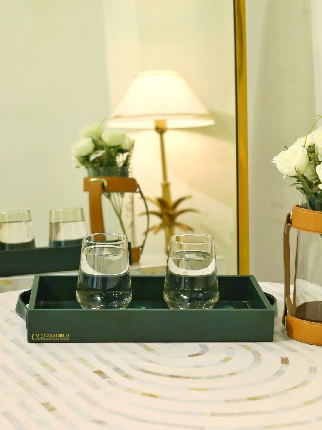 CasaGold Green Leather Serving Tray with Handles