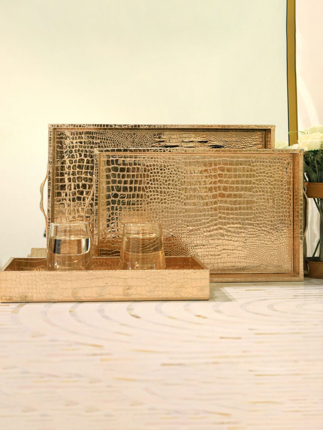 CasaGold Set Of 3 Rose Gold Premium Leather Trays