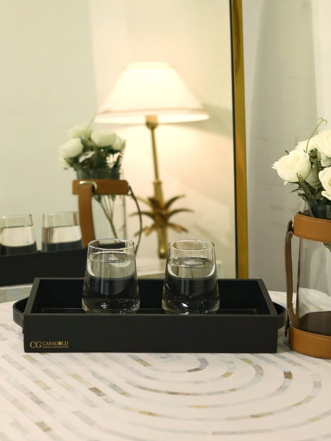 CasaGold Black Premium Leather Serving Tray with Handles