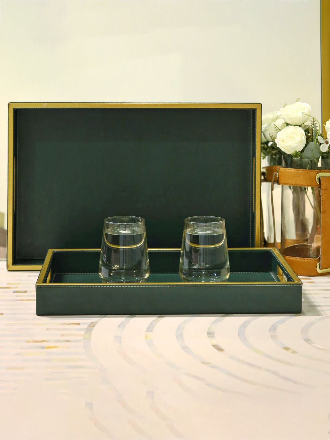 CasaGold 2PCs Green Square Leather Tray