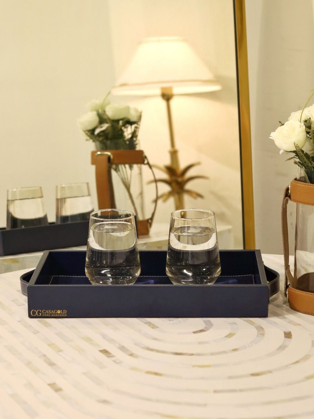 CasaGold Blue Leather Serving Tray with Handles