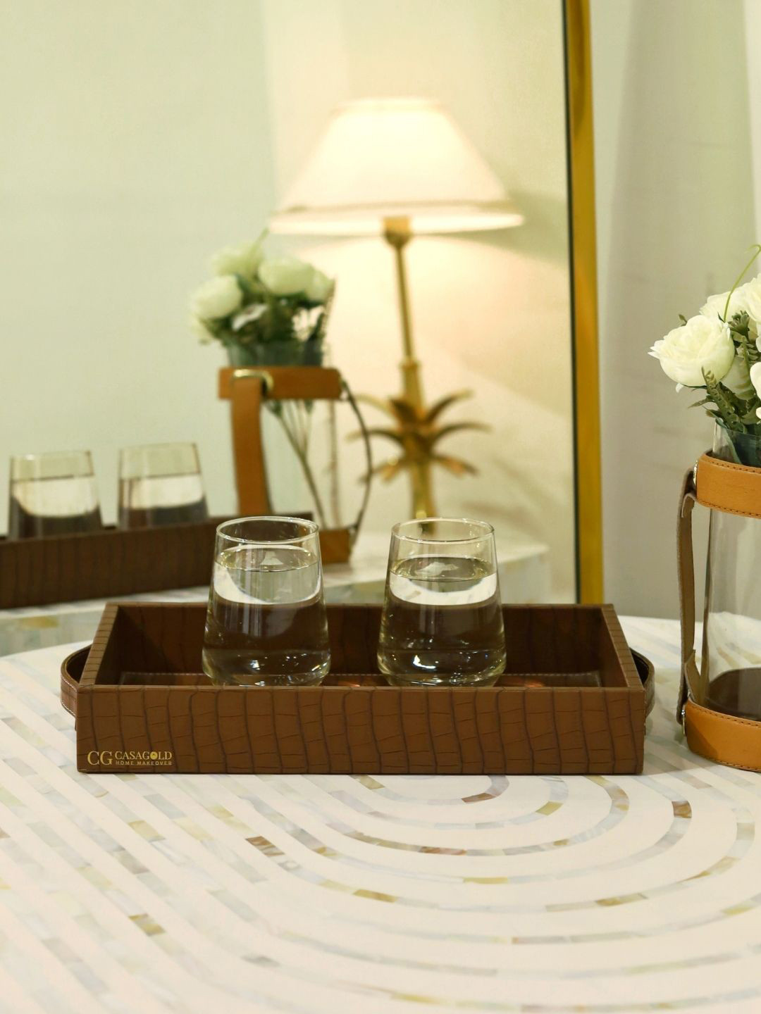 CasaGold Brown Leather Serving Tray With Handles