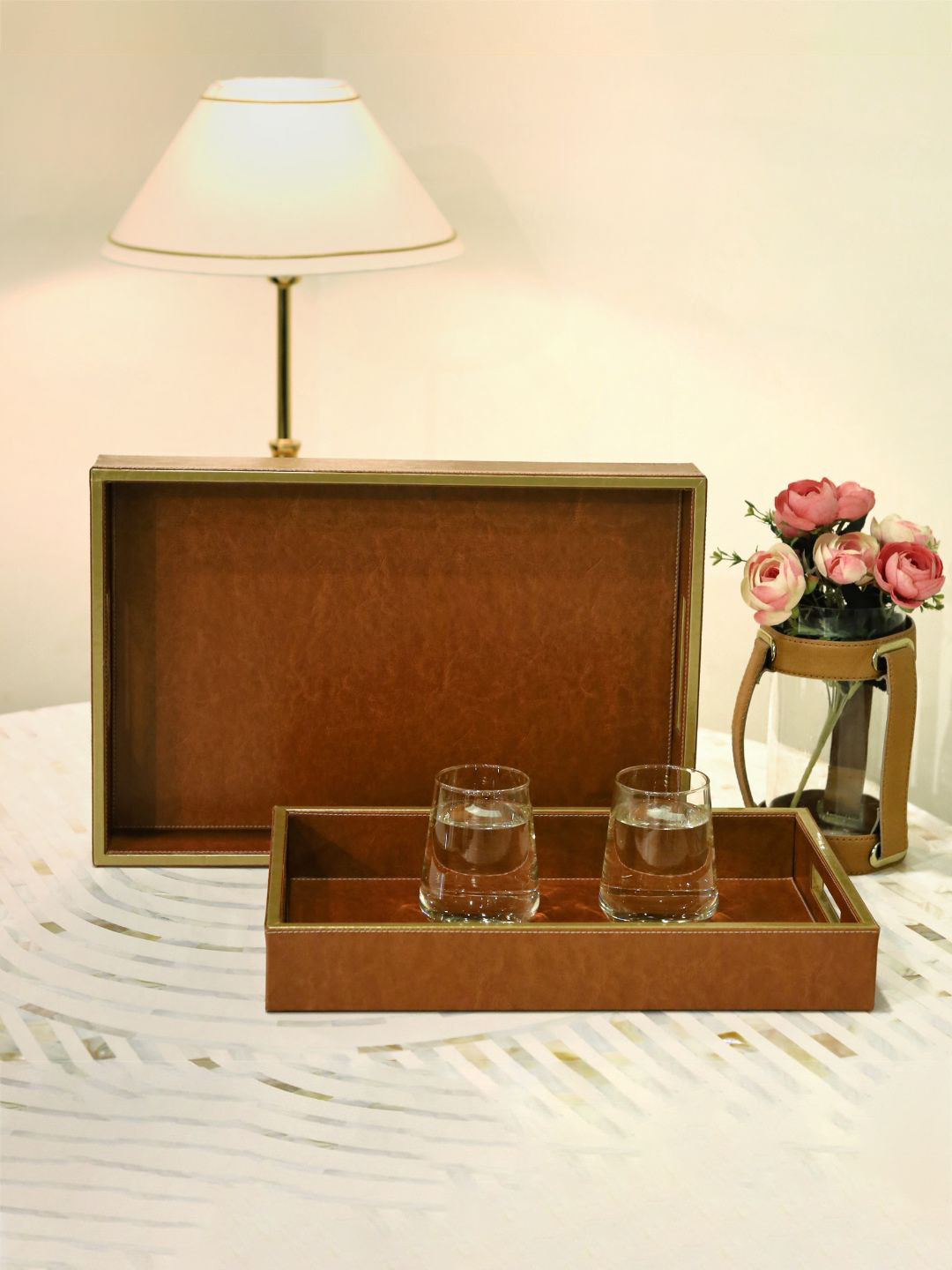CasaGold 2PCs Tan Square Leather Tray